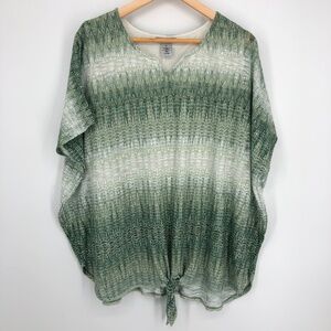 Catherines Womens Top Size 2X Green Kimono Artsy Layered Blouse Knot Tie Waist
